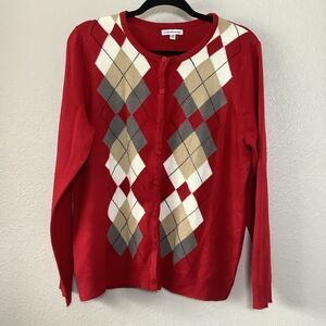Red Argyle Preppy Academic Old Money Academia Button Up Knitted Cardigan XL